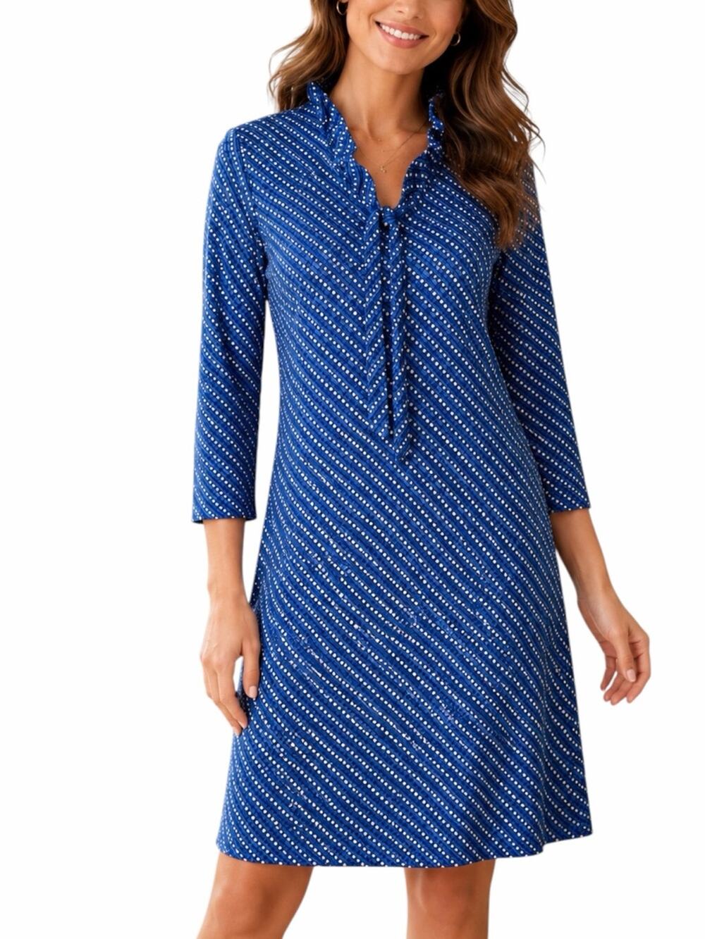 J.McLaughlin Shift Dress Size S Ruffle Neck Stretch Knit Geometric Blue Coastal